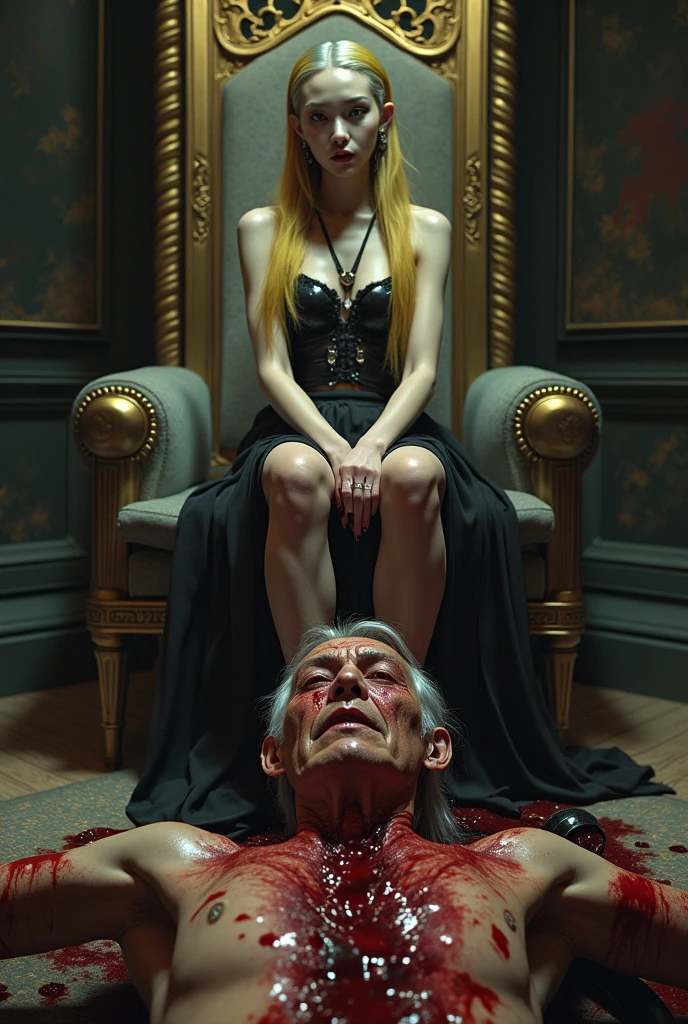 (((photorealistic:1.4))), ultra realistic, pores, (((masterpiece))),high quality, ultra details, realistic white skin beautiful face pretty korean idol girl showing very long sharp black shiny fingernails, model, very pretty, vein on hands, wearing sexy bloody outfit, ring on fingers, long yellow hair, long earrings, big necklace, sitting on the throne, crossing pretty legs, tired expression of realistic ugly old man tied up on the floor with throat ripped, show organs, get burned, no hands and legs, hose on the body, scratch mark, blood splatter everywhere, no hands and legs, extreme gore, looking at camera, night, luxury throne, modern kingdom, high key, bright, vagina smothering, people arround