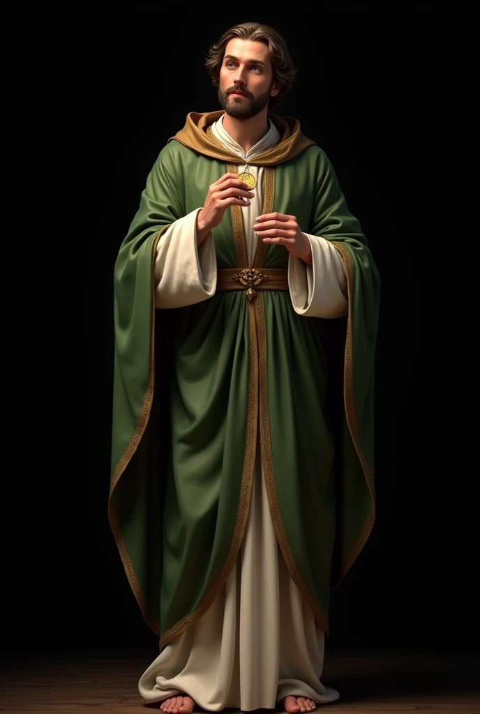 Image of Saint Jude Thaddeus in green, white and brown with a coin and a black background