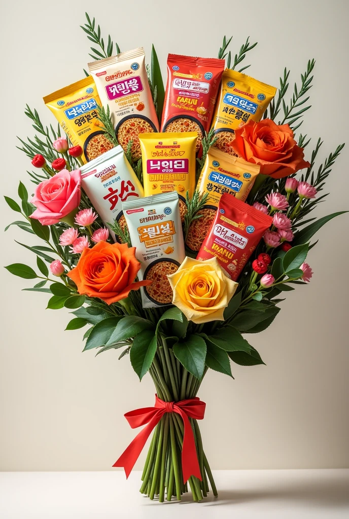 A samyang ramen bouquet, in the bouquet, it contains 3 packet samyang carbonara ramen, 3 packet samyang quattro cheese ramen, and 3 mr kim seaweed snack