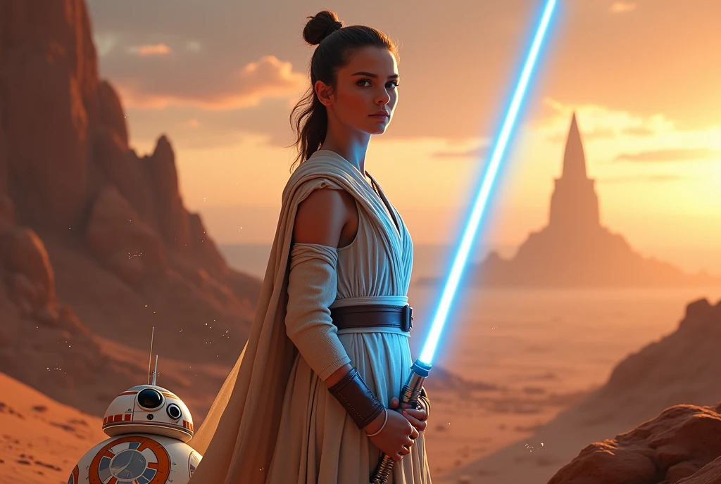 Ultra-realistic, 息を呑むような若きJediのイメージ, .(((Rey Skywalker(Rey Skywalker)Genuine,Daisy Ridley captures the world of Star Wars herself. Jedi, A symbol of calm strength and determination, A bright blue lightsaber is illuminated and held in both hands in combat mode., The glow is soft, The mysterious light on her face. Rey Skywalker(Rey Skywalker)Costume, Full body photo,Next to Rey is a Resistance astromech droid、There&#39;s BB-8,Her clothes are fluttering in the wind))), It hints at the dynamic movement and agility she is preparing to show.. The setting is the planet Tatooine(tatooine)The vast desert, Otherworldly landscapes - rocky cliffs and alien vegetation combine, Two suns setting in the distance, warm, Golden light spreading across the scene. The sky is a dramatic orange color, pink, and deep purple, At night, the distant stars begin to shine. background, Majestic, 古代Jedi寺院が出現, The towering spire blends into the rugged terrain., Jedi・オーダーの永続的な遺産を象徴する. 若きJediの顔は若々Successfully、Wise beyond his years, Intense, Focused eyes reflect devotion to the Force. The details are impressive。skin texture, etc., The folds of his clothing, As the lightsabers roared with energy、Faint sparks of light fly. Surrounding him, The Force manifests subtly, Small rocks and particles float slowly, Creates an aura of cosmic connection and power. The overall composition is vibrant and dynamic., The perfect balance of light and shadow, Capturing the epic, The mystical atmosphere of the Star Wars saga. This image evokes a sense of adventure, destiny, And the eternal battle between light and darkness, Jediの世界への素晴らしいトリビュートとなっている.