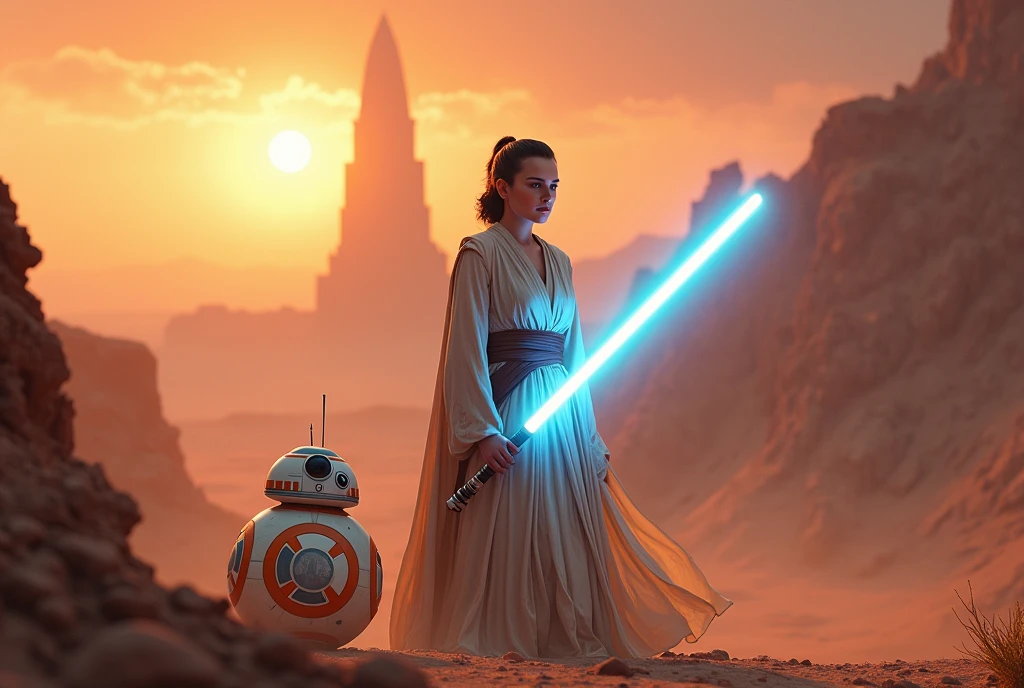 Ultra-realistic, 息を呑むような若きJediのイメージ, .(((Rey Skywalker(Rey Skywalker)Genuine,Daisy Ridley captures the world of Star Wars herself. Jedi, A symbol of calm strength and determination, A bright blue lightsaber is illuminated and held in both hands in combat mode., The glow is soft, The mysterious light on her face. Rey Skywalker(Rey Skywalker)Costume, Full body photo,Next to Rey is a Resistance astromech droid、There's BB-8,Her clothes are fluttering in the wind))), It hints at the dynamic movement and agility she is preparing to show.. The setting is the planet Tatooine(tatooine)The vast desert, Otherworldly landscapes - rocky cliffs and alien vegetation combine, Two suns setting in the distance, warm, Golden light spreading across the scene. The sky is a dramatic orange color, pink, and deep purple, At night, the distant stars begin to shine. background, Majestic, 古代Jedi寺院が出現, The towering spire blends into the rugged terrain., Jedi・オーダーの永続的な遺産を象徴する. 若きJediの顔は若々Successfully、Wise beyond his years, Intense, Focused eyes reflect devotion to the Force. The details are impressive。skin texture, etc., The folds of his clothing, As the lightsabers roared with energy、Faint sparks of light fly. Surrounding him, The Force manifests subtly, Small rocks and particles float slowly, Creates an aura of cosmic connection and power. The overall composition is vibrant and dynamic., The perfect balance of light and shadow, Capturing the epic, The mystical atmosphere of the Star Wars saga. This image evokes a sense of adventure, destiny, And the eternal battle between light and darkness, Jediの世界への素晴らしいトリビュートとなっている.