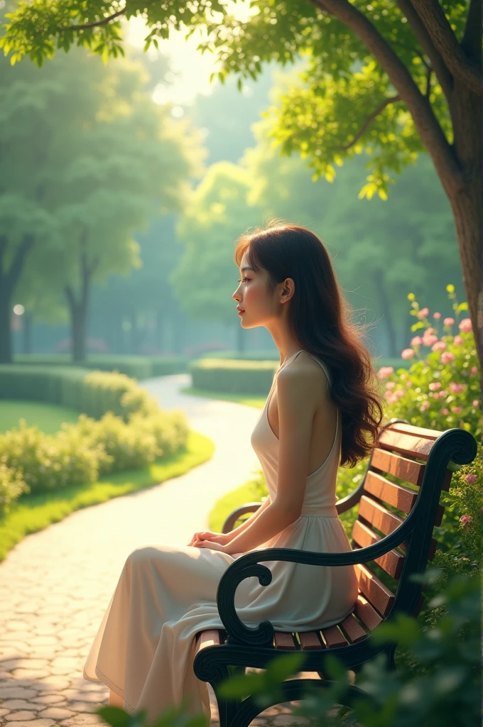 A beautiful girl sitting on a bench in a park side pose