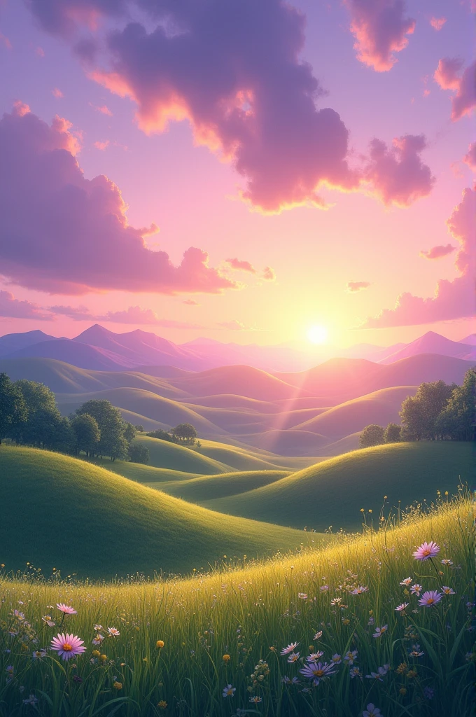 Beautiful landscape with sun, gradient purple