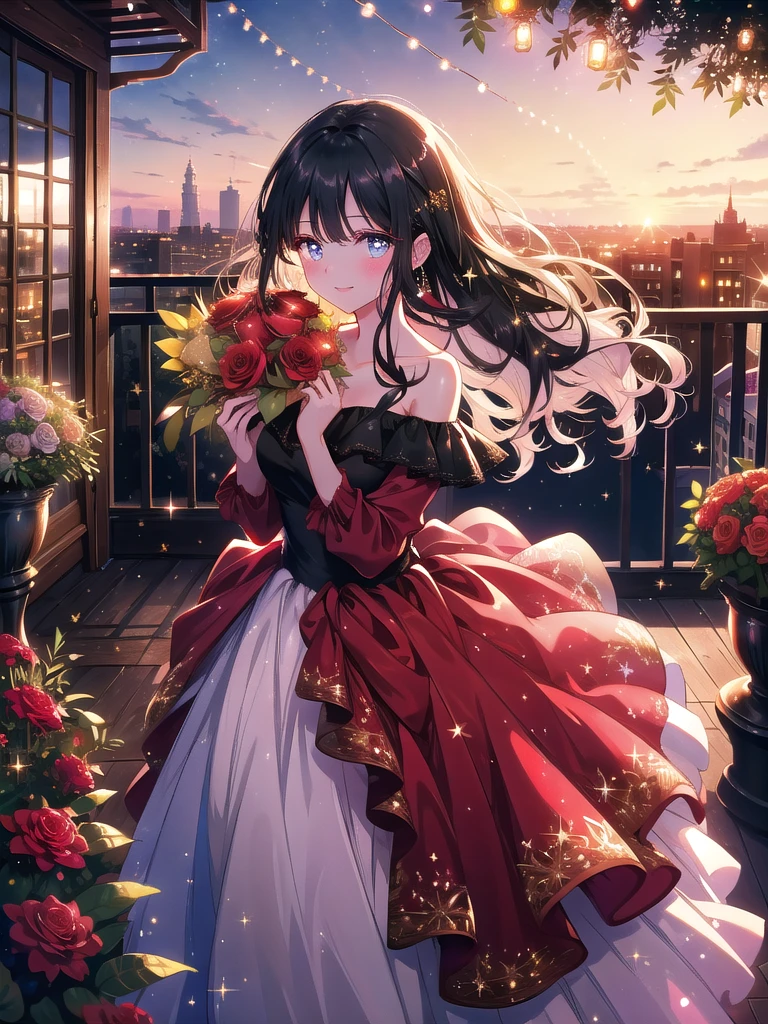 ((8k, Highest quality, masterpiece: 1.3)),Ultra-high resolution,(1 girl, alone), (Color changing eyes, Ultra-detailed, Expressive brilliance, Glitter, Glowing Eyes), Highly detailed eyes, Highly detailed face, Random Hair, ((pastel colour)) illustrate a woman standing on a picturesque balcony overlooking a vibrant city skyline at sunset. She holds an elegantly arranged bouquet of red and white roses mixed with eucalyptus leaves, exuding a romantic yet sophisticated vibe. The woman has long, flowing black hair and is dressed in a sleek, off-the-shoulder red dress that gently flutters in the breeze. She’s smiling warmly at the camera, her eyes sparkling with joy and excitement, as if she’s about to give the bouquet as a heartfelt gift. The balcony is adorned with string lights and potted plants, adding a warm and inviting atmosphere, while the sunset casts a golden glow over the entire scene, with subtle lens flares to enhance the magical moment.