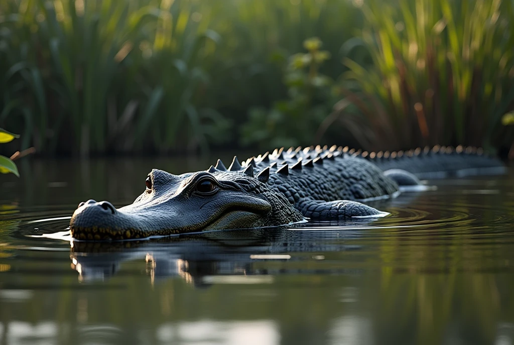 Create a captivating, hyper-realistic, AI-generated artwork of a Brazilian caiman in a lake within the Pantanal. The caiman should be depicted partially submerged in the water, with only its eyes, snout, and part of its back visible above the surface. Showcase the detailed texture of the caiman’s scales and the powerful, muscular build of its body.
The scene should reflect the natural beauty of the Pantanal, with a background featuring lush, wetland vegetation, such as tall grasses, reeds, and water lilies. Include the murky water of the lake, with ripples and reflections adding to the sense of realism. The environment should capture the essence of the Pantanal’s diverse ecosystem, with a focus on the dense, tropical foliage and the rich, earthy tones of the landscape.
Use natural colors to depict the caiman and its surroundings, highlighting the contrast between the caiman’s dark, rugged skin and the vibrant greens of the vegetation. The lighting should be soft and diffuse, reflecting the natural light of the Pantanal and enhancing the textures and details of the scene.
The style should be hyper-realistic yet artistic, focusing on the caiman’s distinctive features and the serene beauty of its habitat. The final artwork should be high-resolution and visually striking, capturing the majesty and authenticity of the caiman in its natural setting.