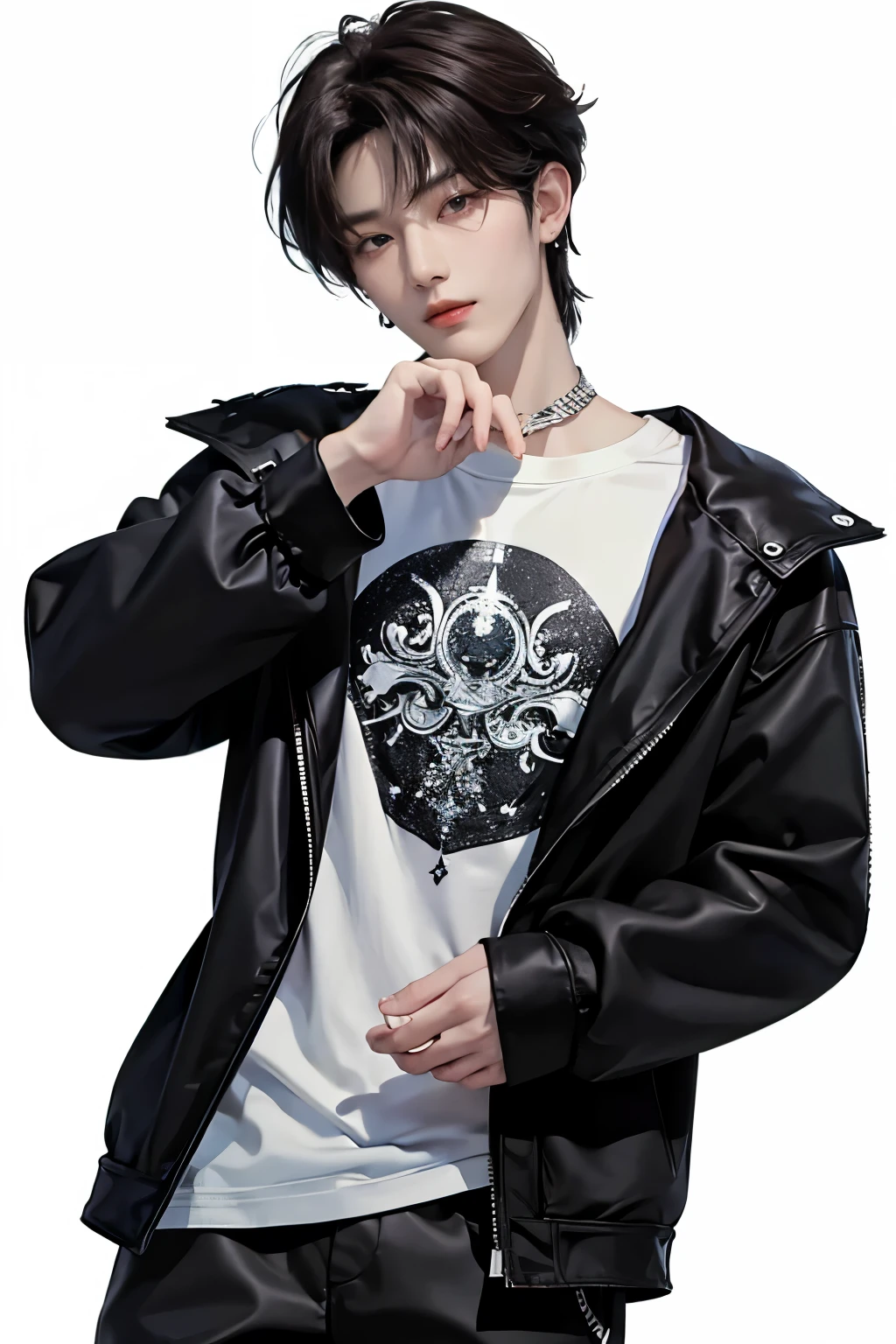 ((4K)) ((very high quality)) ((White background)) korean man, участник K-pop группы, Deep Dark Eyes, dark brown hair, with a slight gradient to deep black at the ends. They are slightly wavy., , and a stylish high hairstyle with light volume. The man is wearing a light black jacket with metallic details and a white graphic print T-shirt underneath. He has a slim and fit body., sporty He has a stylish leather bracelet on one of his hands, and small silver earrings in the ears. ((very detailed)) ((detailed eyes)) ((Full length pose)) ((elegant trousers)) (( pensive)) ((pensive pose)) ((pensive взгляд)) ((thoughtfully put his hands to his chin))