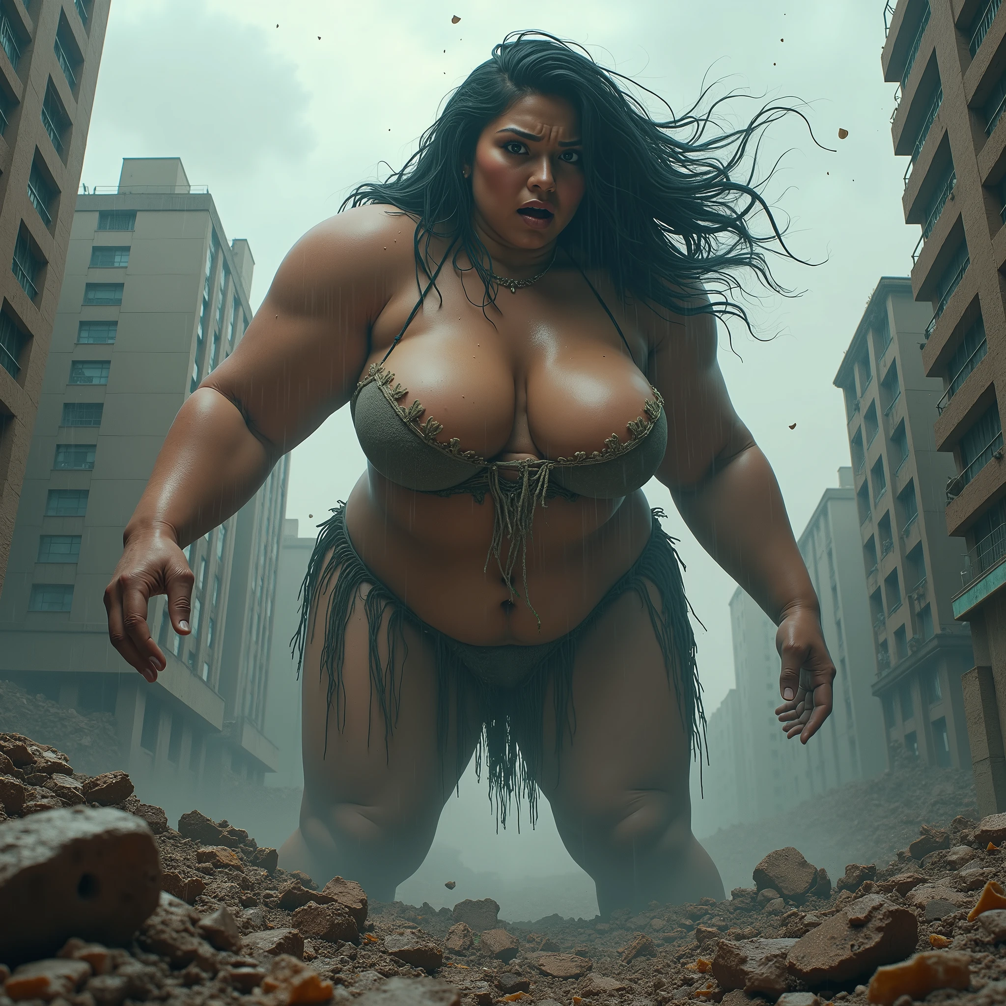 Here is an 8k CG wallpaper based on your feedback: A masterpiece of perfection: a photorealistic depiction of a building-sized giantess, Kamala, emerging from the ruins of a destroyed cityscape. Her massive, giantess-sized breasts swell from the rubble as she leans forward, legs spread wide, eyes intently fixed on the viewer. In extreme close-up, her face is contorted in shock and horror, with clouds of debris and dust swirling around her. With one arm outstretched, she pushes a building aside, while the other squeezes her chest, causing nearby buildings to collapse and explode. The city's 40-story skyscrapers crumble beneath her massive, bare feet, as her loose black hair hangs wild. Her shredded clothing reveals torn bra, as her hips topple buildings and debris cascades down her back. In the distance, small buildings and rubble hide his hands, while the skin of his chest leaves an indelible mark on the ruins. This is Kamala's official masterpiece., (SFW photo), heavy rain