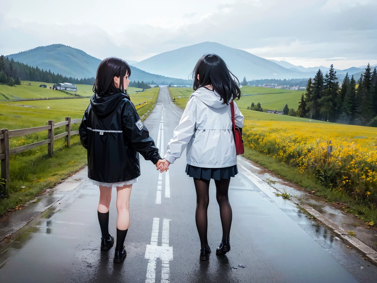 Two girls holding hands、The weather is bad and it&#39;s raining、White Rabbit、bus stop、Puddles on the road、Lovers&#39; Bondage、bus stopで雨宿りをしている、A rainbow surrounds the two girls and there is a small puddle at their feet、Dark green hair、Brown Hair、dark blue、Hair is a little wet、Medium Long Hair、ponytail、The girl on the left looks a little embarrassed.、The girl on the right is smiling happily.、(The girl on the left kisses the girl next to her on the cheek.)