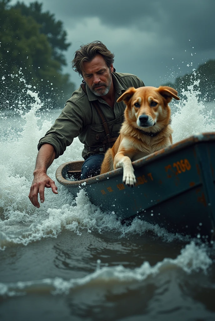 Flood man on boat saves dog extends hand to her photo maximally realistic highest quality