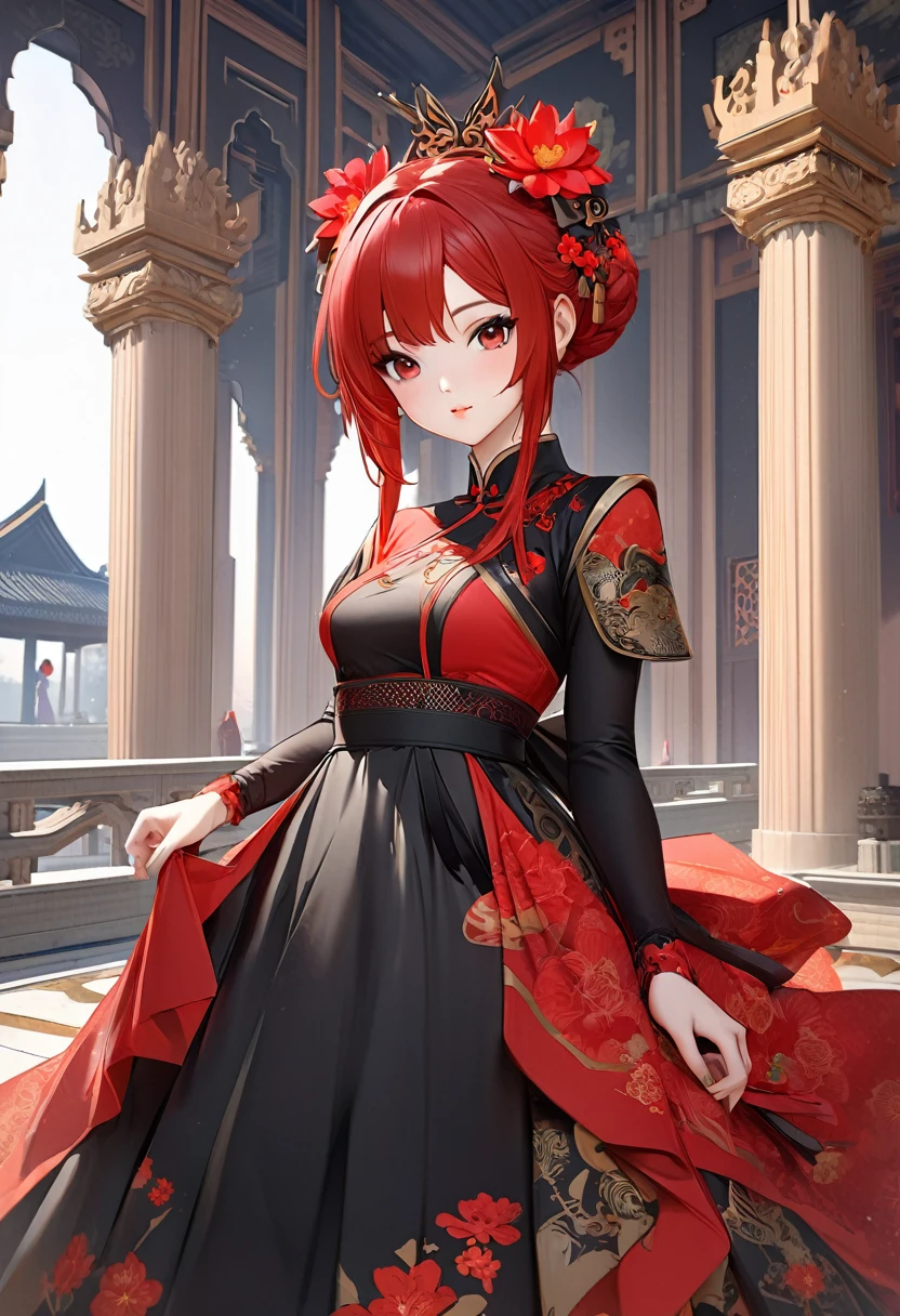 An anime girl wearing a red and black dress with a red flower in her hair, artwork in the style of Gwaiz, Gwaiz, Chinese Girl, Trending on cgstation, Cute anime waifu in a nice dress, Gwaiz on pixiv artstation, palace ， Girl in Han Dress, Beautiful digital art, Gwaiz on artstation pixiv