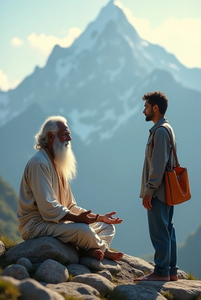 A beard man with age 70 doing yoga in front of a mountain, wise old indian guru, yoga meditation pose, standing pose on stones. A 30 years young Indian man is standing and namaskar to the 70 years old man. 30 years young Indian man wears grey shirt, blue pant, orange colour bag