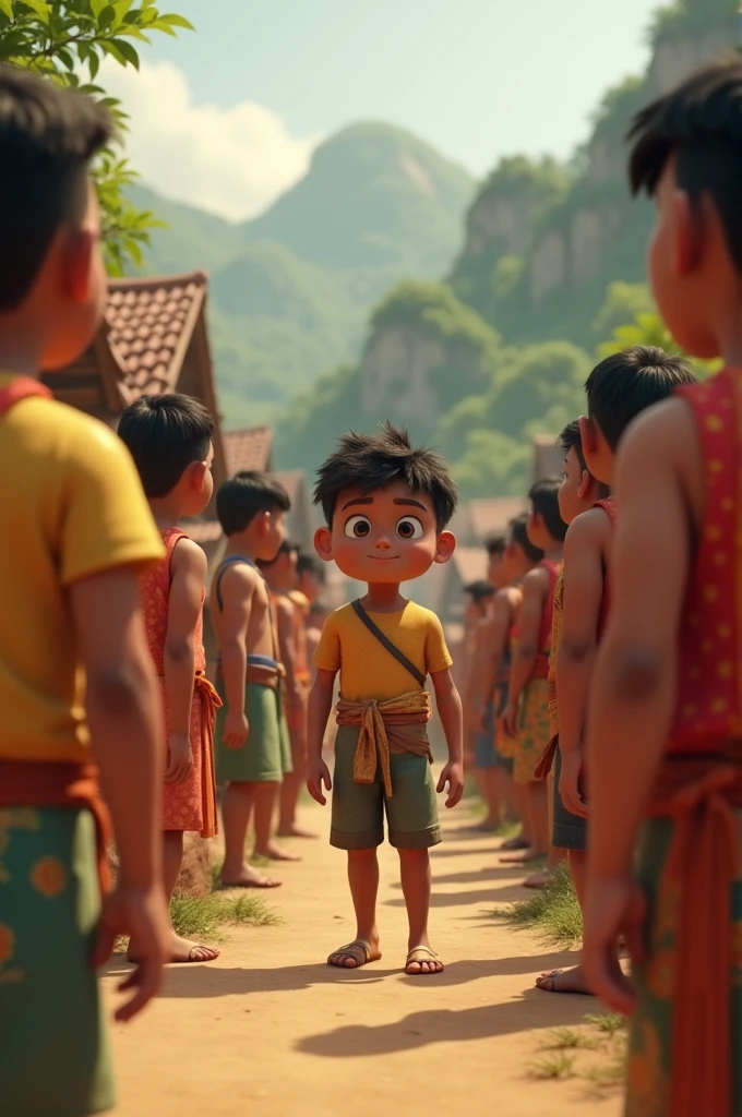 In cinematic 3D Cartoon style "Atmosphere:** A serene and contrasting scene, highlighting Ramu's perseverance against the villagers' skepticism.