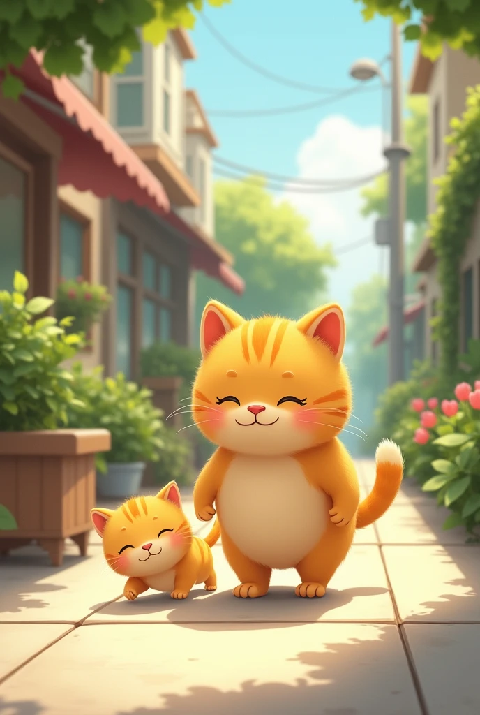 a yellow, plumpness, pregnant cat walks on a sunny sidewalk with her little kitten. She looks happy, while the kitten follows her playing.