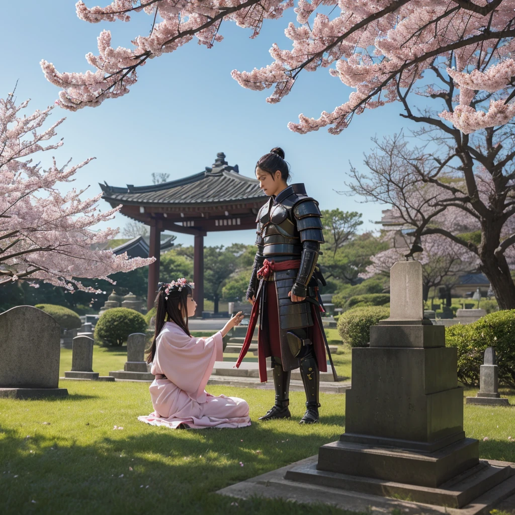 A highly detailed digital illustration depicting a serene and emotional scene involving a futuristic armored samurai and a young girl. The scene is set under a large cherry blossom tree in full bloom. The armored samurai, with white and light blue armor, stands on the right side, holding a small, glowing pink butterfly gently in his hand. The samurai's design is sleek and modern, with angular edges, glowing blue accents, and a large katana sheathed at his side. The young girl, dressed in a light outfit, sits on a gravestone on the left, reaching out towards the samurai. The gravestone is partially obscured by the cherry blossom petals and has an inscription, adding a layer of somberness to the scene. The background transitions from a vibrant red field of flowers on the left to a more muted green and blue on the right, with digital effects and pixel-like elements interspersed throughout, giving the scene a mix of natural and digital aesthetics. The overall tone is both peaceful and poignant, with the cherry blossoms floating gently in the air.