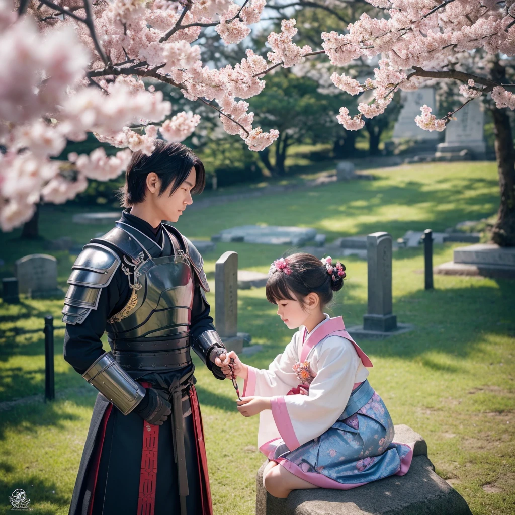 A highly detailed digital illustration depicting a serene and emotional scene involving a futuristic armored samurai and a young girl. The scene is set under a large cherry blossom tree in full bloom. The armored samurai, with white and light blue armor, stands on the right side, holding a small, glowing pink butterfly gently in his hand. The samurai's design is sleek and modern, with angular edges, glowing blue accents, and a large katana sheathed at his side. The young girl, dressed in a light outfit, sits on a gravestone on the left, reaching out towards the samurai. The gravestone is partially obscured by the cherry blossom petals and has an inscription, adding a layer of somberness to the scene. The background transitions from a vibrant red field of flowers on the left to a more muted green and blue on the right, with digital effects and pixel-like elements interspersed throughout, giving the scene a mix of natural and digital aesthetics. The overall tone is both peaceful and poignant, with the cherry blossoms floating gently in the air.