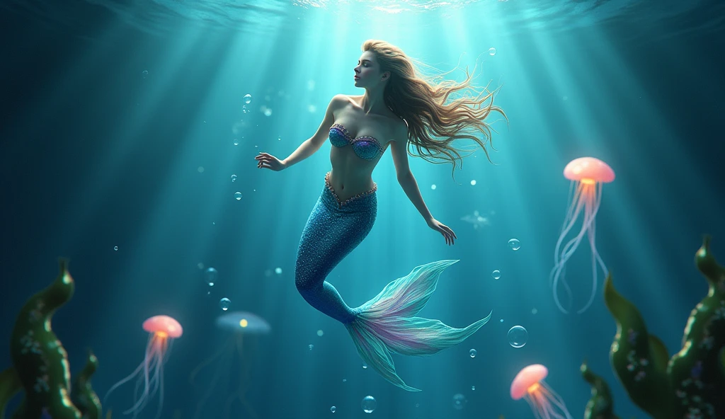 In the depths of the ocean, a beautiful mermaid with a vibrant, jewel-toned tail swims gracefully among swaying seaweed and glowing jellyfish. Her skin glows faintly in the dark waters, and her long hair floats around her like a halo. She wears a sheer, translucent top that clings to her curves. The scene is bathed in a soft blue light, with bubbles rising around her, evoking a sense of calm and wonder. Aim for realistic depiction, make sure photos are at highest resolution (8K)