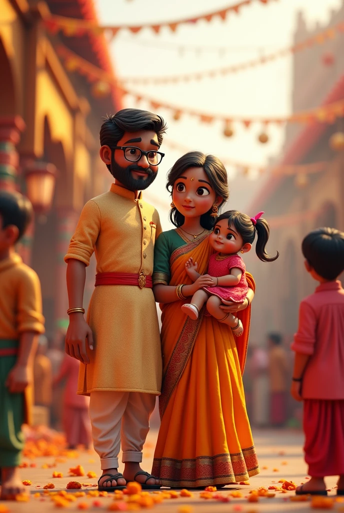 (3d modelling), Bengali father wearing Panjabi kurta & spects on his eyes with his beautiful Bengali wife wearing saree, with their baby girl at Durga puja festival enjoying (bengali Durga festival)