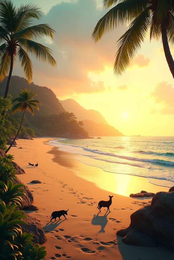 Beach landscape in Brazil without people with some animals at sunset