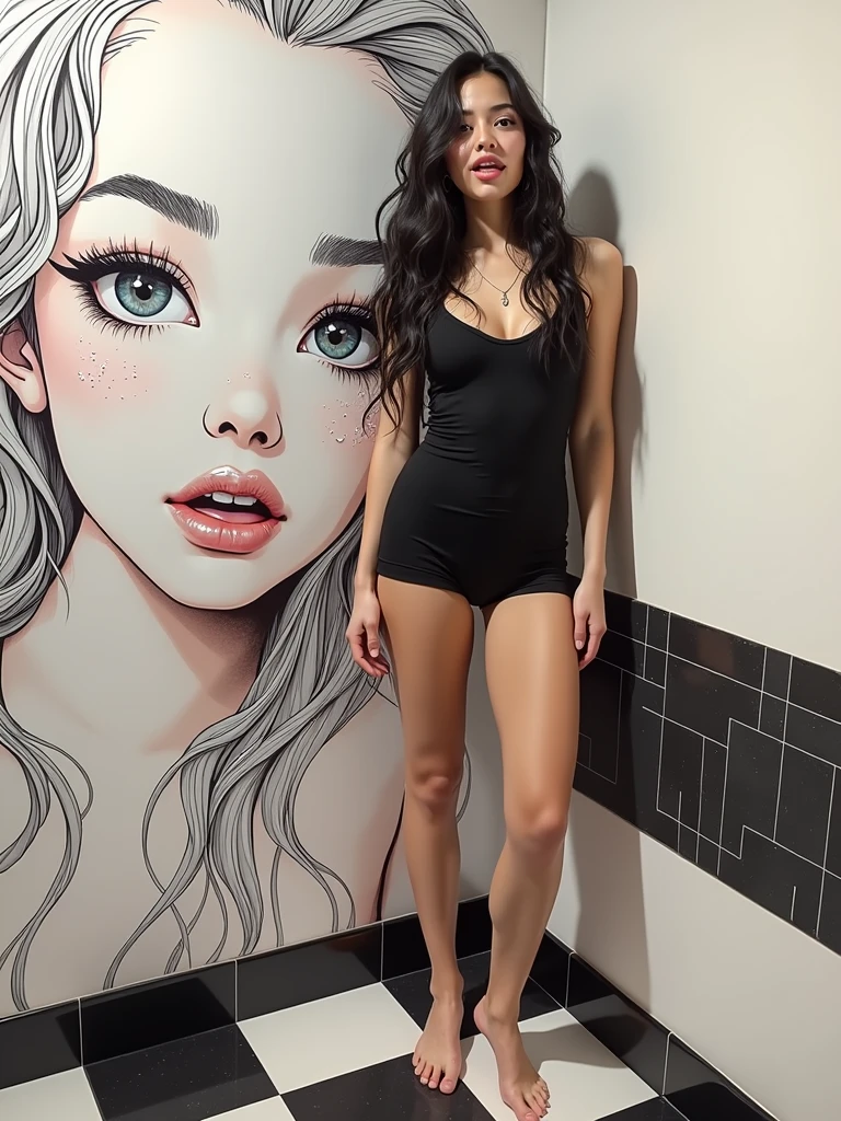 2 girls, zendaya, masterpiece, best quality, detail face, standing, doing a mirror selfie, high heels, naked, choker, cat ear, in a shower cabin on a beach, (gigantic breast), skinny body, heavy makeup, long hair with bangs, black hair, tribal tattoos all over her body, facing, smile, from above, mirror selfie, iPhone in on hand, tanline, body soaked in sweat.