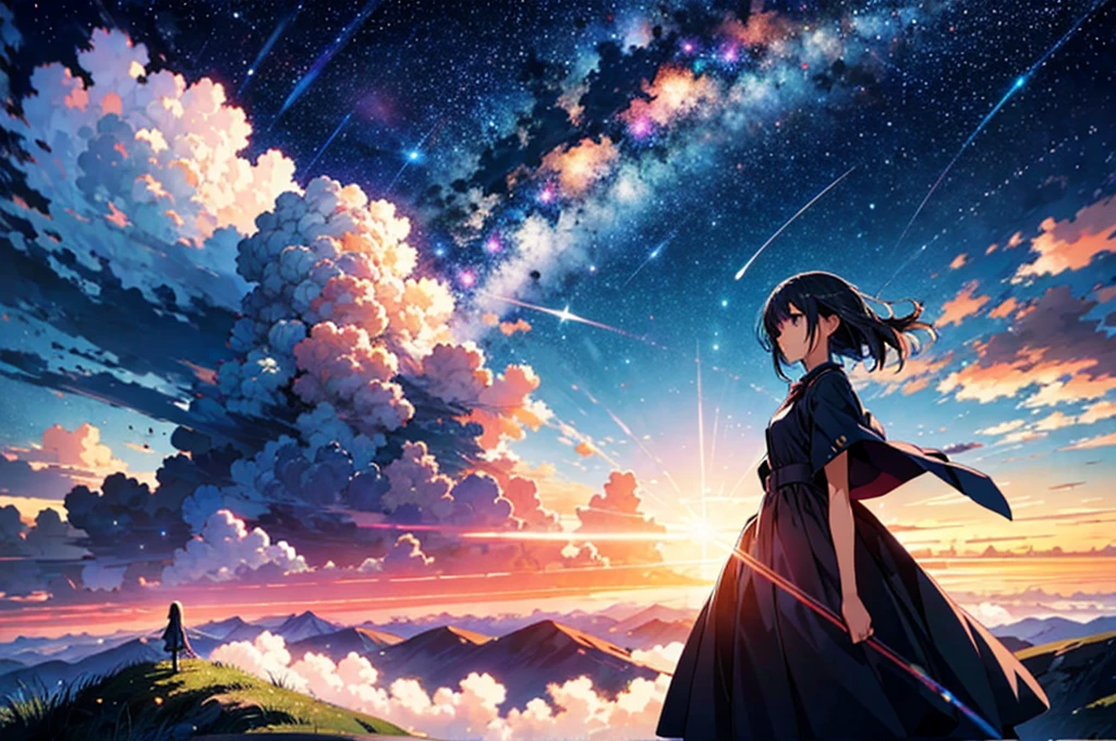 Absurd, High resolution, (Official Art, beautifully、aesthetic:1.2),One girl, (person in far distance), Bright Sky, A vast world, stare, Awe-inspiring expressions, Distant Horizon, cloud, High Hill, Natural Beauty, Inspiration, Night Sky, Shining Star