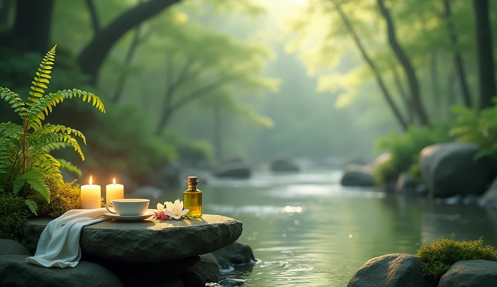 A minimalist Japanese style scene,There is a gurgling stream.Stone platform covered with ferns located deep in the tranquil forest bokeh background、Light two scented candles,Dendrobium、White silk scarf、SPA energy crystals of various colors、a cup of coffee,Create a fresh、Bright、Relaxing and comfortable atmosphere,Evoking a sense of tranquility and simplicity。A peaceful aura or meditative state has a warm and pure atmosphere