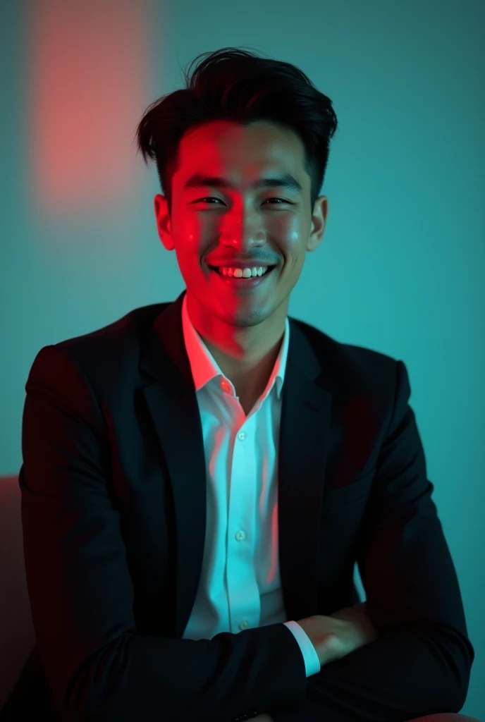 A young man with dark hair and a confident smile. He is dressed in a black blazer over a white shirt. The man is positioned against aqua colour backdrop with a subtle red lighting on the left side. and he posing for Linkedin profile
