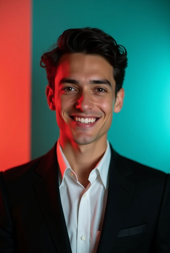 A young man with dark hair and a confident smile. He is dressed in a black blazer over a white shirt. The man is positioned against aqua colour backdrop with a subtle red lighting on the left side. and he posing for Linkedin profile