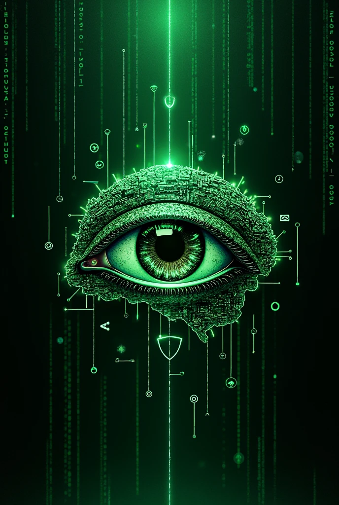 Create a captivating digital artwork featuring a centered, stylized futuristic eye. Alternatively, you can depict a brain made of intricate circuits. Set the backdrop as a Matrix-like binary code with green numbers and letters against a black background at the bottom of the composition. Utilize dark shades, such as black, for the overall background to create a sense of depth and contrast. Emphasize the main Al element and accompanying text with bright neon colors, like a vibrant shade of green, to make them visually striking. To enhance the futuristic theme, scatter small icons or images, such as a laptop, gear, or lightbulb, around the central Al element. The combination of dark shades, bright neon colors, and futuristic elements will create an engaging and visually dynamic prompt