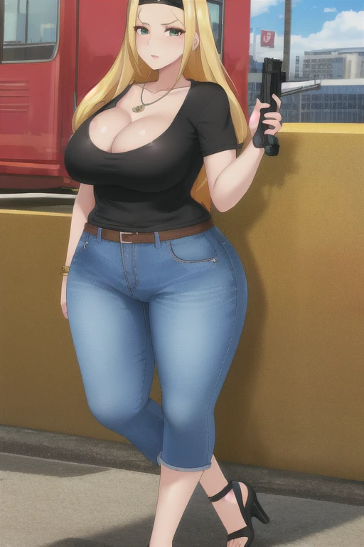 Highest quality、Ultra HD、One Woman、(blonde long hair 1.3)、(1 open-necked black shirt.3)、(Jeans 1.3)、(Black headband)、(Black Heels 1.1)、((Shoot a gun 1.2))、(Silver necklace)、(Large Breasts)、(Beautiful face with sharp eyes 1.2)、(tall)、Red bracelet on left wrist、(Cleavage 1.1)、40-year-old woman、Slender body、(Daytime city background 1.2)、((Clear and beautiful touch))