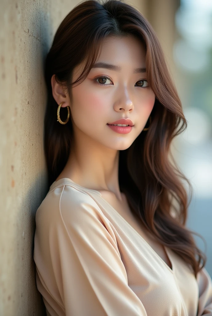high resolution、A transparent Japanese woman、Ima-ish、Elegant、White Shirt、looking at the camera、body is angled、smile、Moist and shiny hair、Thready hair、cute、Brown Hair、Beautiful young woman who looks like a model、Leaning against a wall、Big eyes、Glossy makeup、Outline of an inverted triangle、Pulp lips、face is slanted45Every time、Straight Hair、The tips are heavy、Beige 5/8 sleeve top with hidden chest、Hide your chest、Attractive features、Big eyes、Beautiful woman、hoop gold earrings、Diagonal bangs、Side-parted bangs、Beautiful like a celebrity、A trendy blunt bob with little volume、Naturally flowing bangs、No bangs standing up、Smooth surface hair、semi-long
