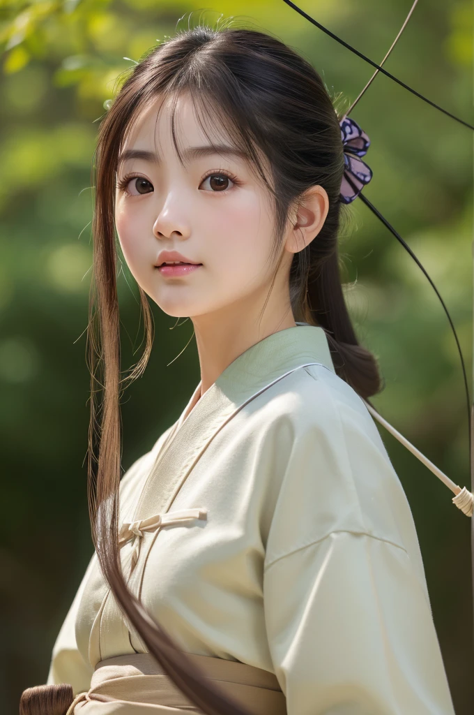 8k, RAW photo, best quality, masterpiece:1.2), (realistic, photo-realistic:1.4), (extremely detailed 8k wallpaper), japanese 20 age woman,Ultra-detailed cute face, Detailed eyes, Double eyelid,(kyudo:1.2),has a kyudo bow,full body,smail face,playing a bow