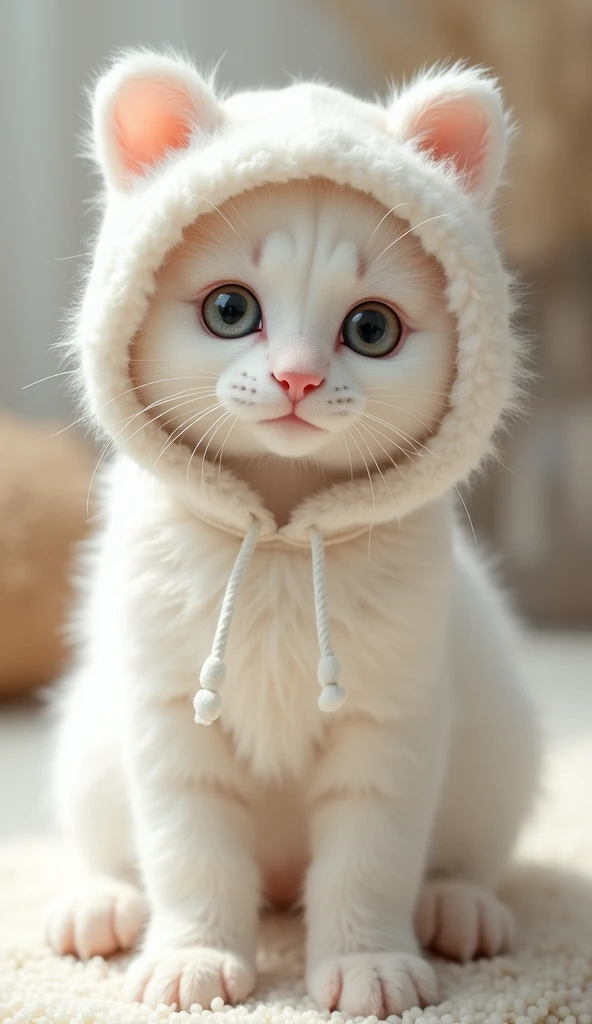 a white cat wearing a white bear costume, white fluffy cat, white bear costume with hood, cute cat, photorealistic, 8k, high quality, masterpiece, detailed fur texture, detailed costume design, studio lighting, realistic lighting, vibrant colors, warm lighting, soft focus