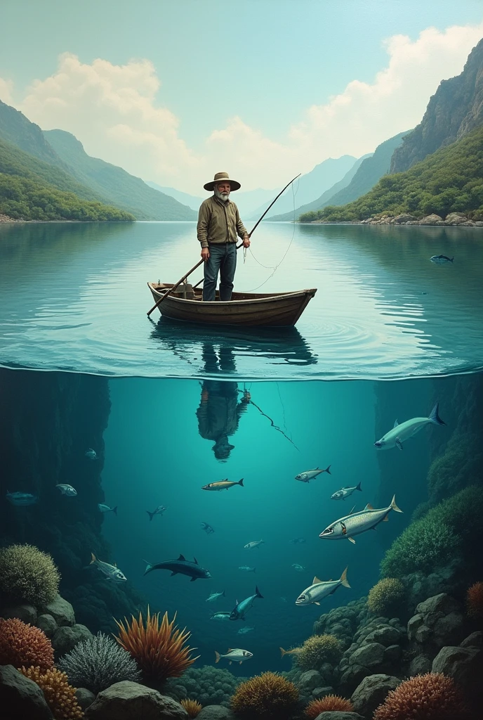 a fisherman with his boat on the water and under water fish and marine animals, realist art 