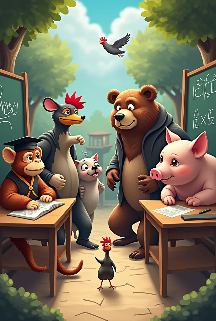 A Monkey , A hen , A Dog , A Bear , A Pig and A Cockroach in a College