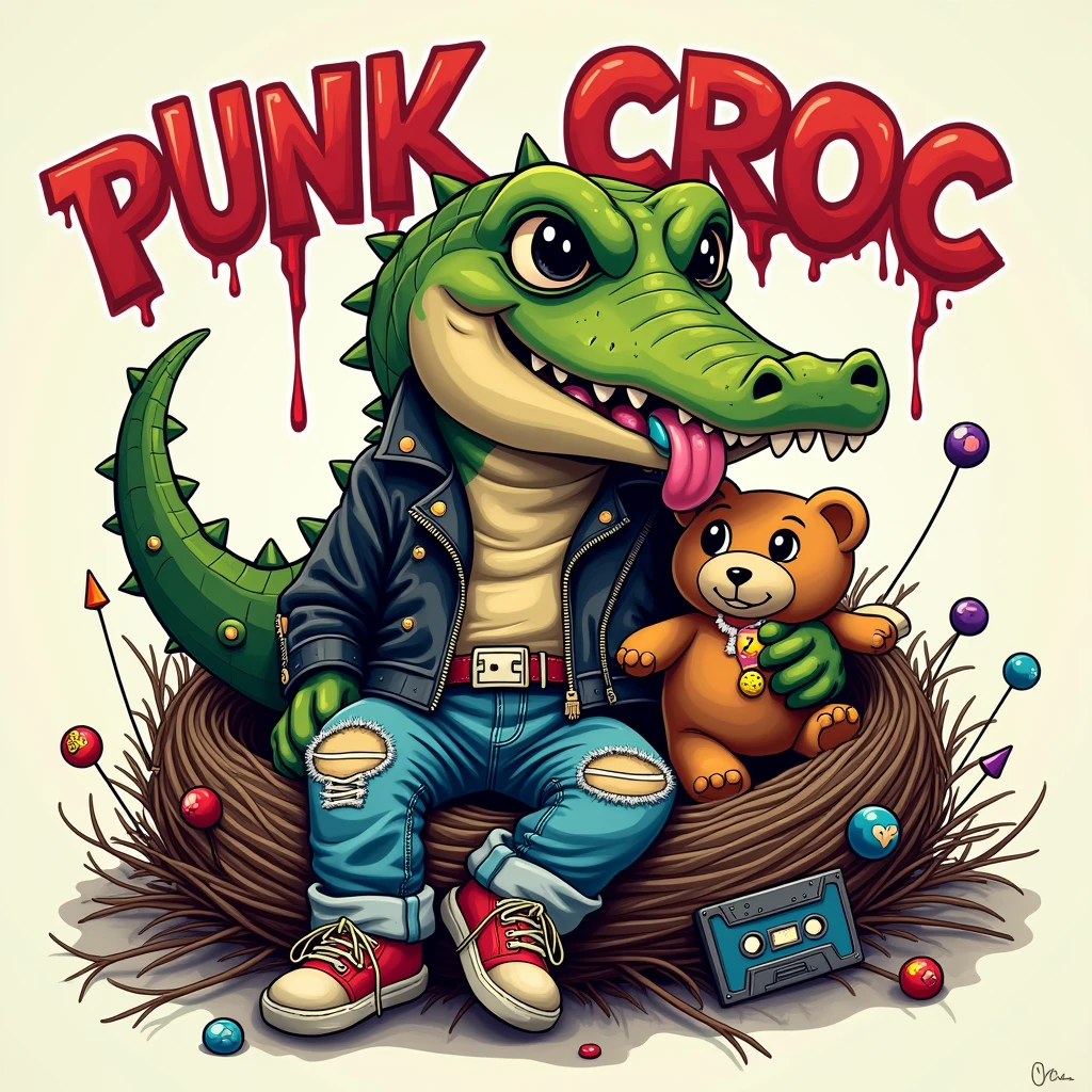 'PUNK CROC'
Centerpiece: A cute, adorable and wacky baby crocodile dons a spiked leather jacket, ripped jeans, and a fierce but playful expression. A pacifier hangs from its mouth, and it clutches a teddy bear with a safety pin earring.
A striking, punk-inspired nest surrounds the crocodile, adorned with colorful safety pins, ripped patches, and vintage cassette tapes. This playful scene blends seamlessly into a clean, simple background.
Font: Bold and plush, the title 'PUNK CROC' is curved along the top, drawing the viewer into the artwork's fun and lively vibe. Drawing on nostalgia, punk attitude, and humor, this creation combines elements of rebellion and whimsy for a stylish yet delightful visual experience.