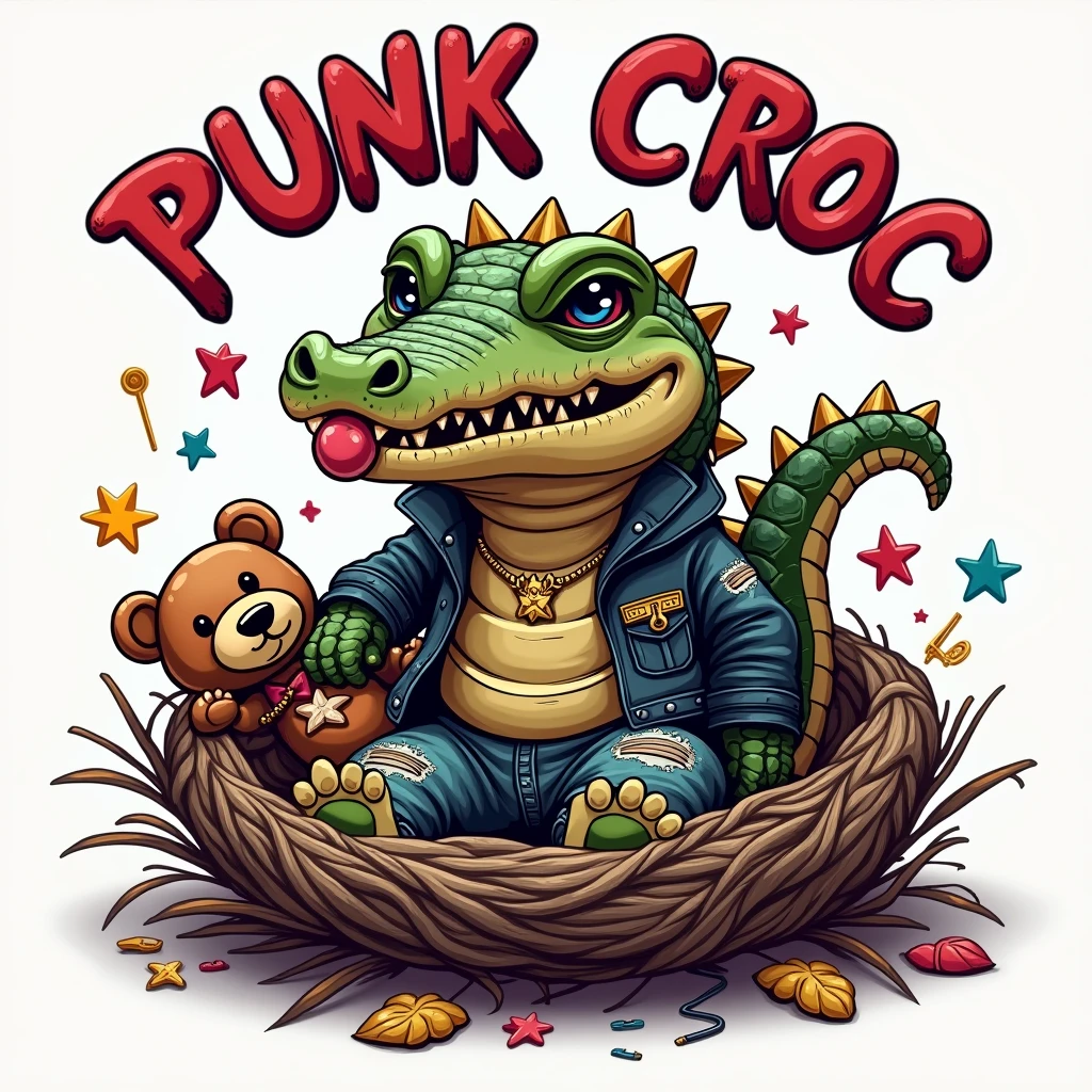'PUNK CROC'
Centerpiece: A cute, adorable and wacky baby crocodile dons a spiked leather jacket, ripped jeans, and a fierce but playful expression. A pacifier hangs from its mouth, and it clutches a teddy bear with a safety pin earring.
A striking, punk-inspired nest surrounds the crocodile, adorned with colorful safety pins, ripped patches, and vintage cassette tapes. This playful scene blends seamlessly into a clean, simple background.
Font: Bold and plush, the title 'PUNK CROC' is curved along the top, drawing the viewer into the artwork's fun and lively vibe. Drawing on nostalgia, punk attitude, and humor, this creation combines elements of rebellion and whimsy for a stylish yet delightful visual experience. 
