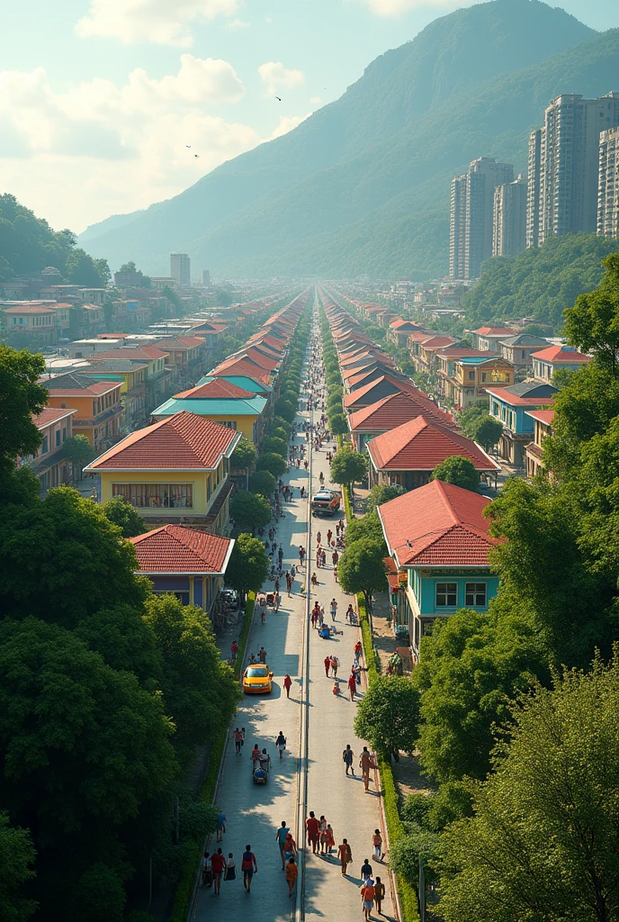 Vue aérienne du futur ville de Port-AU-Prince Haiti. Vue splendide, coloré, nature verte,  les routes bien tracées, les maisonnettes colorées, les passants, les voitures. Fabuleux, captivante. Imaginaire