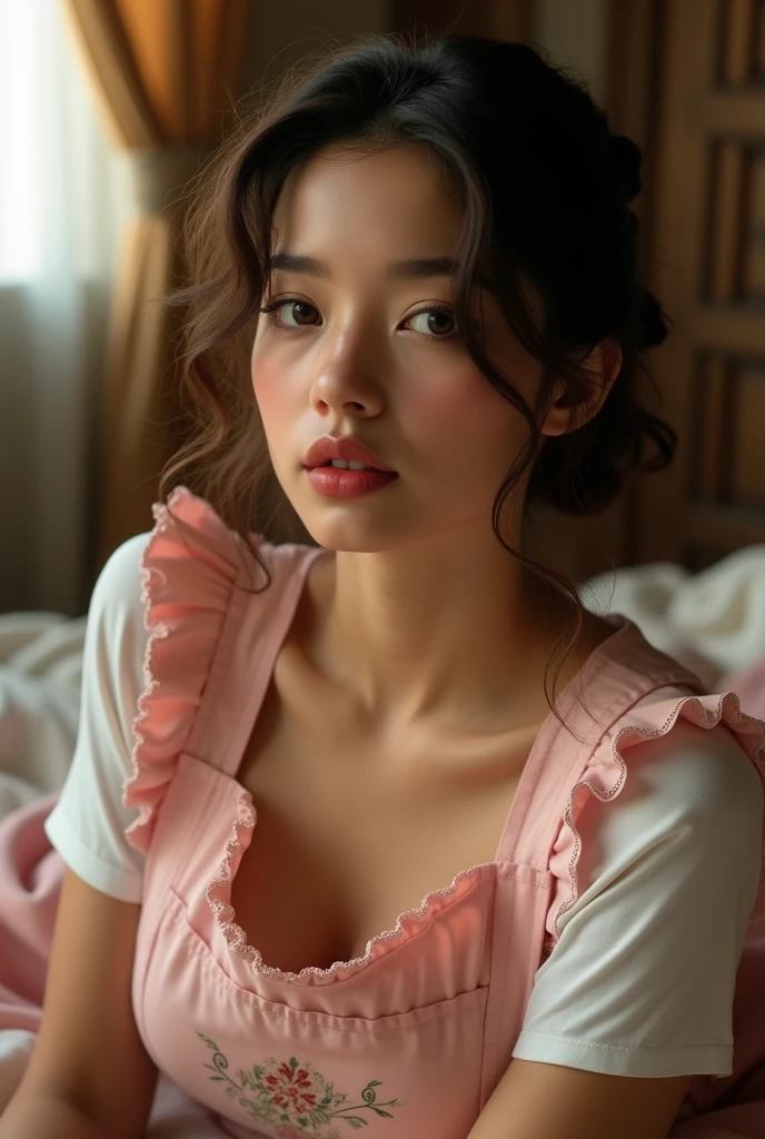(Masterpiece, best quality, cinema, realistic, Very detailed), (1 girl, French looking face:1.5), (wide angle shot, from the side:1.5), (Wearing a pastel pink apron with lace trim and a front pocket embroidered with flowers.), (Dark brown hair with loose curls, Tied to the back), (Hazel eyes, Detailed Pupils, perfect eyes), (Reddish pink lips, glossy lips, The lips are slightly parted., Soft lips, sexy lips), Better Hands, perfect face, (Natural soft breasts, bursting breasts:1.2), wide hips, sexy body, (looking at the audience), (Lie face down., coil:1.4), semi-naked