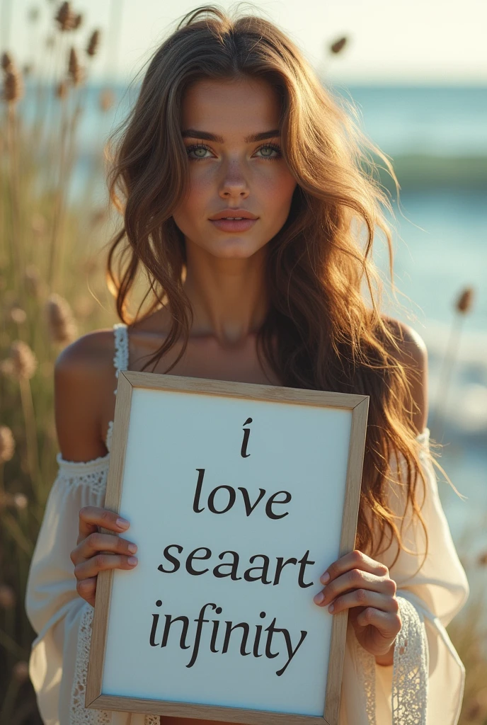 Beautiful girl with wavy long hair, bohemian dress, holding a white board with text "I Love Seaart Infinity" and showing it to the viewer