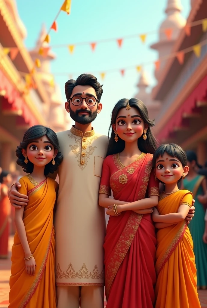 (3d modelling), Bengali father wearing Panjabi kurta & spects on his eyes with his beautiful Bengali wife wearing saree, with their children at Durga puja festival enjoying (bengali Durga festival)