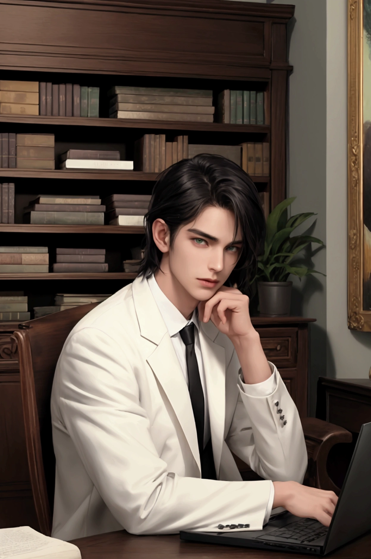 (pose))), (photorealistic photo: 1.3), rim luzing, (high detailed leather:1.2), 8k hd, DSLR, high quality, High resolution, 4k, 8k, bokeh, absurd, (real:1.3), (((Detail on face))), (((body details))), (detail in clothing))), ((detalle en bottom)))
character: Tall Man, good physique, fit, attractive, the most beautiful man, Without beard, long black hair, White skin, grayish green eyes, young adult.
CLOTHES; White coat, White shirt, Black pants.
bottom: Psychiatric hospital, Psychiatrist's Office (black wood desk, laptop, plants, cream walls, shelf with books, paintings. peace, calm)
pose: safe, confident, fun, en calm.