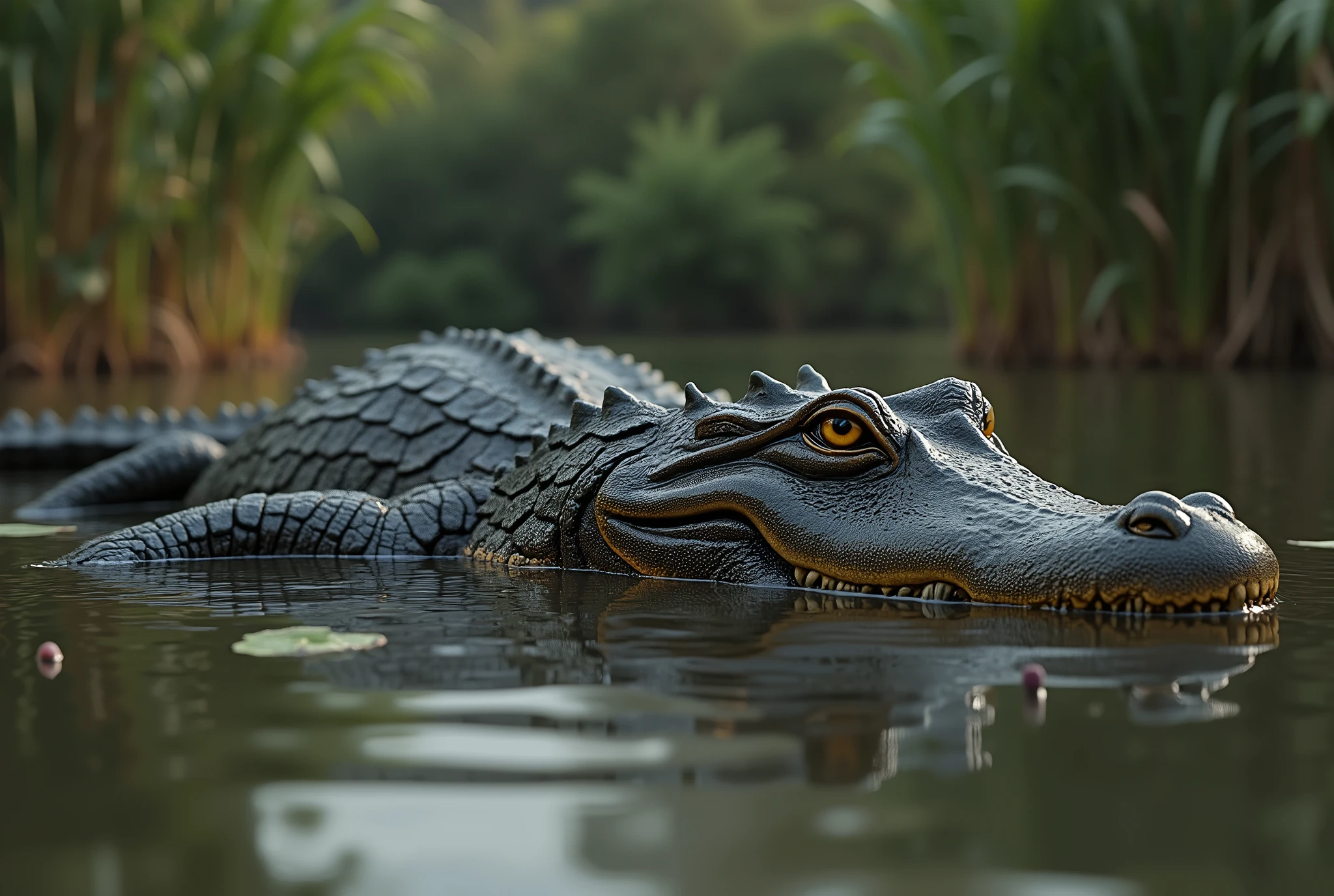 Create a captivating, hyper-realistic, AI-generated artwork of a Brazilian caiman in a lake within the Pantanal. The caiman should be depicted partially submerged in the water, with only its eyes, snout, and part of its back visible above the surface. Showcase the detailed texture of the caiman’s scales and the powerful, muscular build of its body.
The scene should reflect the natural beauty of the Pantanal, with a background featuring lush, wetland vegetation, such as tall grasses, reeds, and water lilies. Include the murky water of the lake, with ripples and reflections adding to the sense of realism. The environment should capture the essence of the Pantanal’s diverse ecosystem, with a focus on the dense, tropical foliage and the rich, earthy tones of the landscape.
Use natural colors to depict the caiman and its surroundings, highlighting the contrast between the caiman’s dark, rugged skin and the vibrant greens of the vegetation. The lighting should be soft and diffuse, reflecting the natural light of the Pantanal and enhancing the textures and details of the scene.
The style should be hyper-realistic yet artistic, focusing on the caiman’s distinctive features and the serene beauty of its habitat. The final artwork should be high-resolution and visually striking, capturing the majesty and authenticity of the caiman in its natural setting.