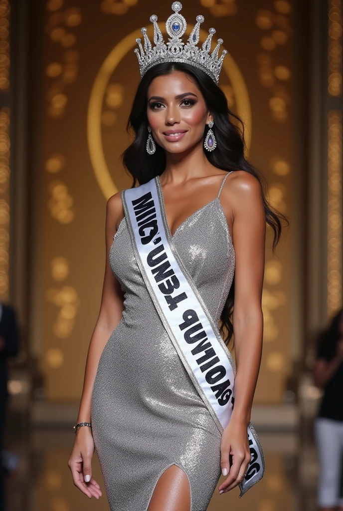 Miss universe, silver long kebaya brookat dress, at miss universe stage, wear crown, elegant, beautiful, 38 C huge boobs, slim, don't smile, sexy vibes. Sharp eyes, cool, bold make up.  Sash Miss Universe 2026. 