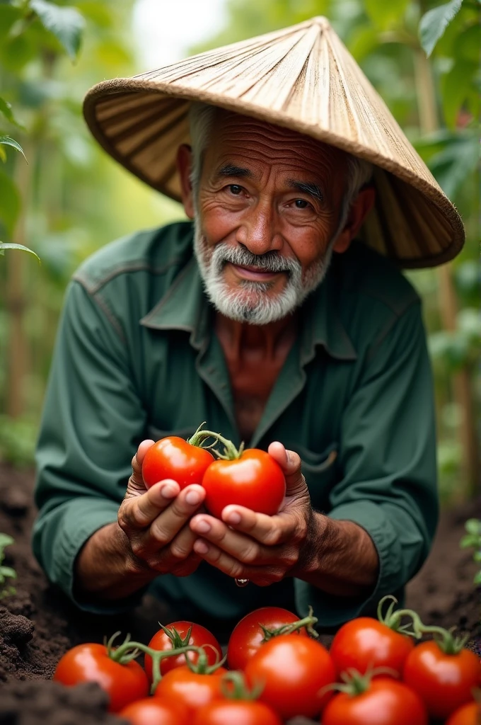 Man picking tomatoes wearing a Vietnamese hat