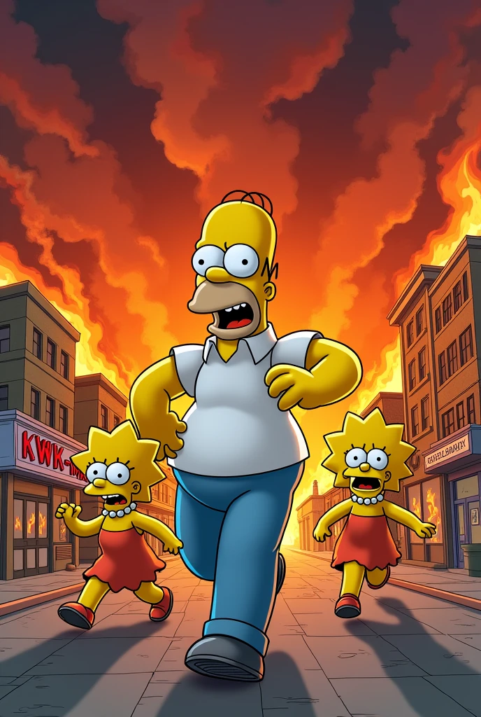 a simpsons style image in portrait ratio of a fire in Springfield and the simpsons running away looking scared