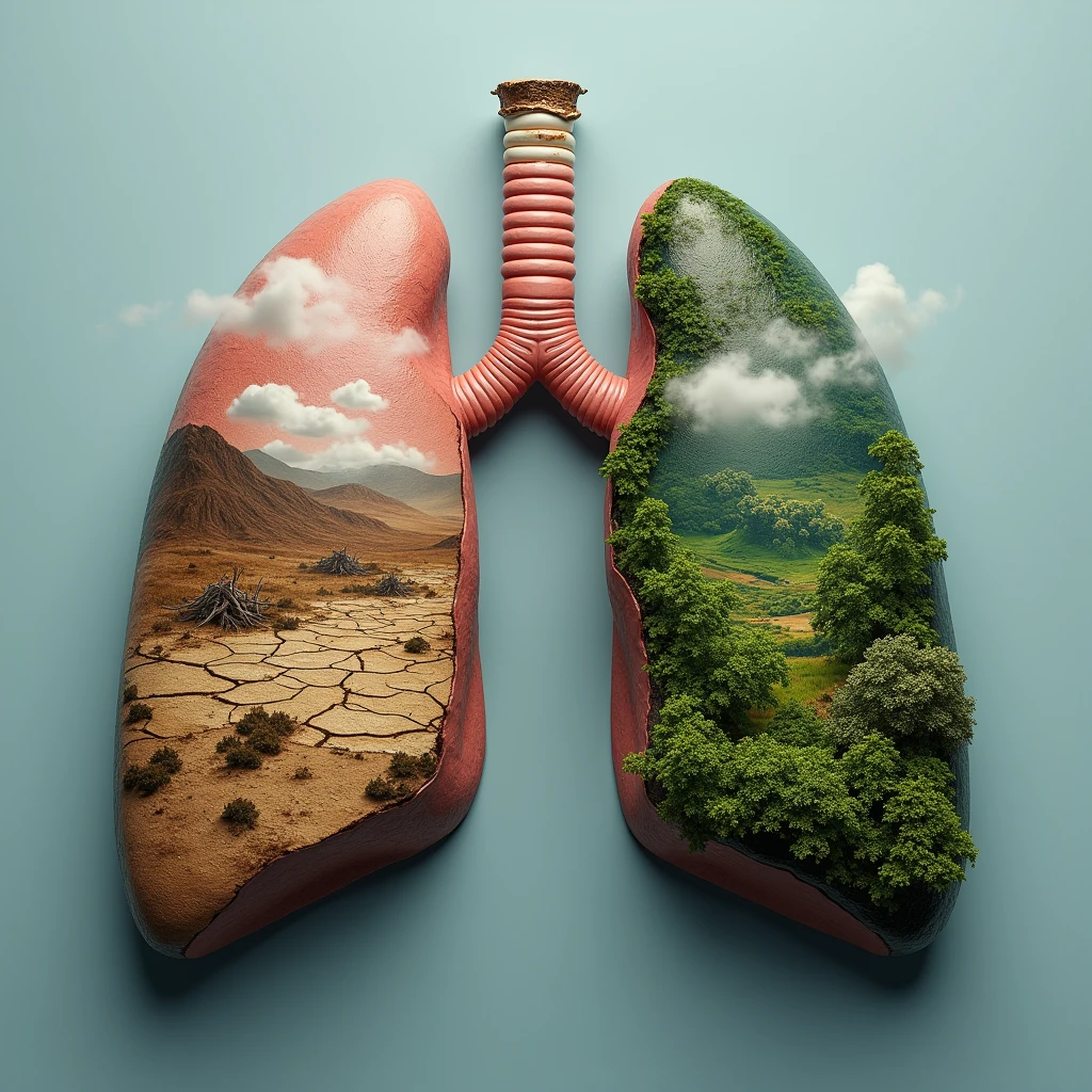 Create an image for people who quit smoking, that the image is some lungs, that in the left lung is his past as a smoker, represents his past as a smoker as a completely dry valley with no trace of fauna. and in his right lung is his present without smoking, represent it as a green valley full of flora and fauna