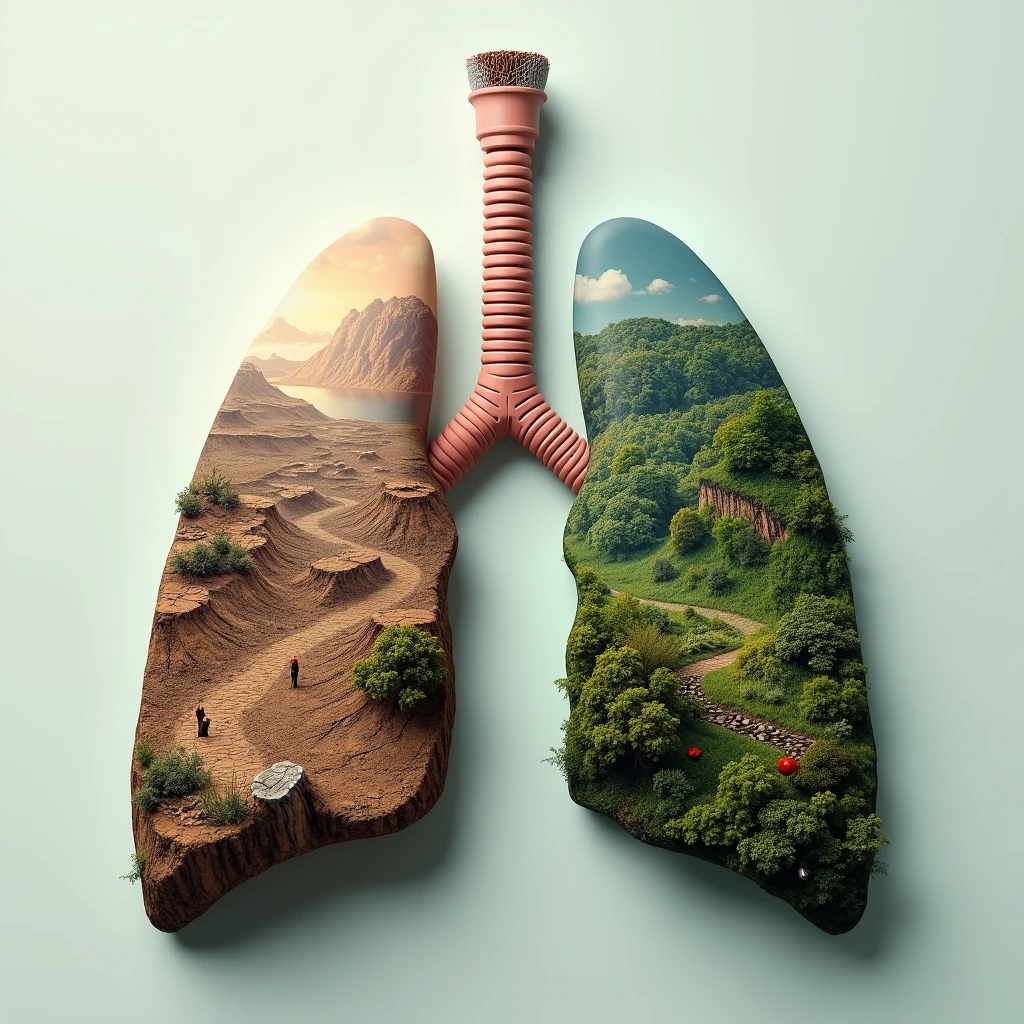 Create an image for people who quit smoking, that the image is some lungs, that in the left lung is his past as a smoker, represents his past as a smoker as a completely dry valley with no trace of fauna. and in his right lung is his present without smoking, represent it as a green valley full of flora and fauna