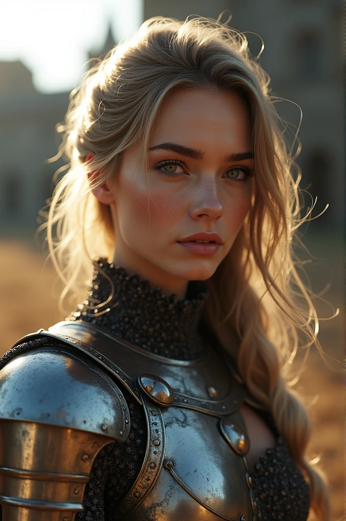 (masterpiece), (extremely intricate:1.3), (realist), portrait of a girl, the most beautiful in the world, (medieval armor), metal reflections, Upper part of the body, outdoor, intense sunlight, distant castle, Detailed professional photography of a stunning woman., sharp focus, dramatic, awarded, cinematic lighting, octane render unreal engine, volumetric dtx, (film grain, blurred background, blurred closeup, bokeh, depth of field, Sunset, Motion blur:1.3), coat of mail