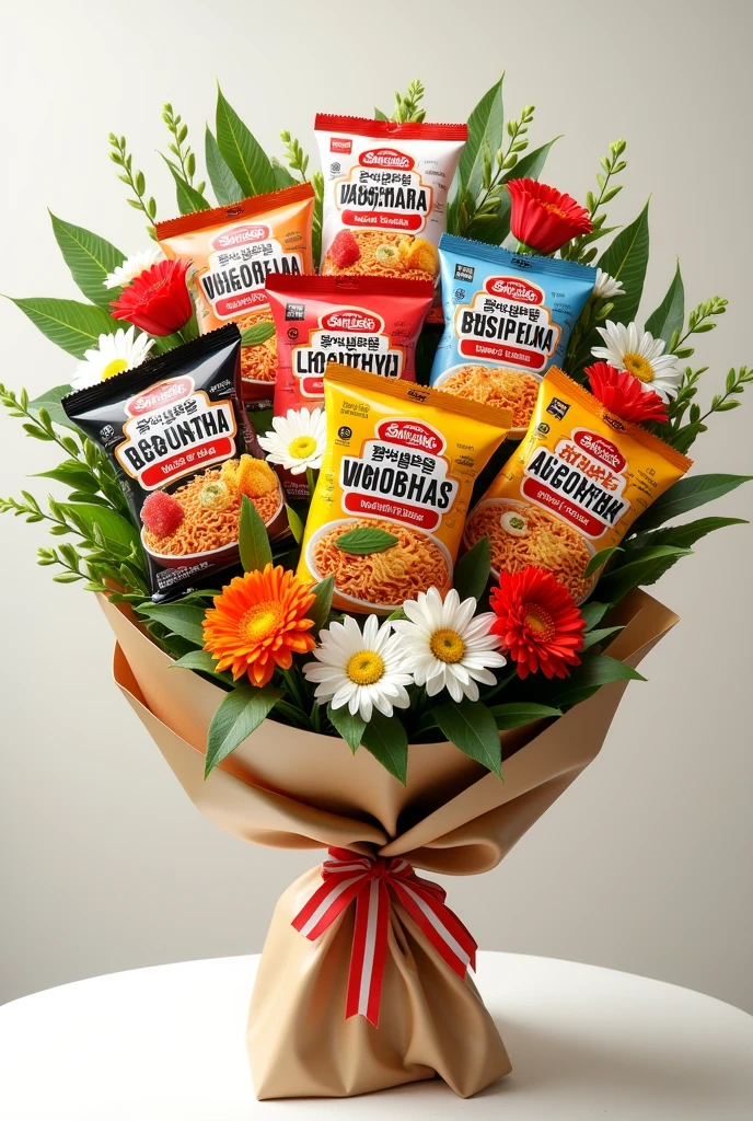 A samyang ramen bouquet, in the bouquet, it contains 3 packet samyang carbonara ramen, 3 packet samyang quattro cheese ramen, and 3 mr kim seaweed snack