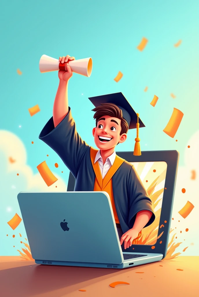 From a laptop comes a running man wearing a graduation uniform, holding a graduation certificate, and very happy

, a 2D cartoon drawing with high detail.